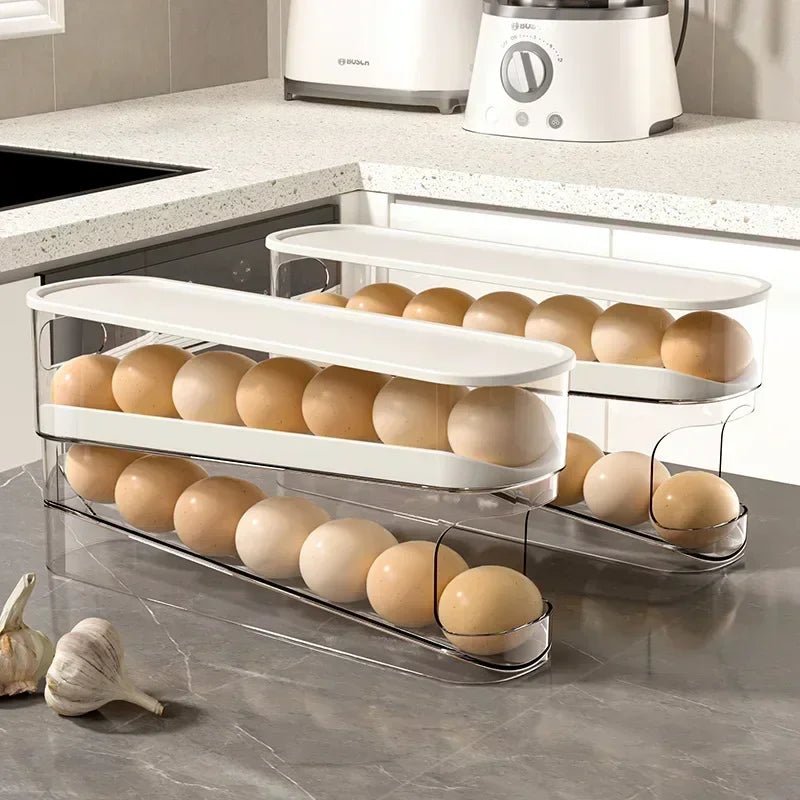 Double Tier Egg Storage Box With Ladder Style Automatic Rolling Dispenser Fridge