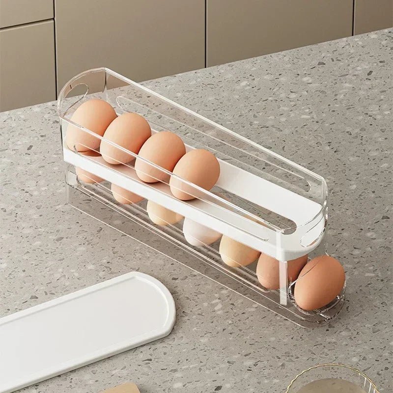 Double Tier Egg Storage Box With Ladder Style Automatic Rolling Dispenser Fridge