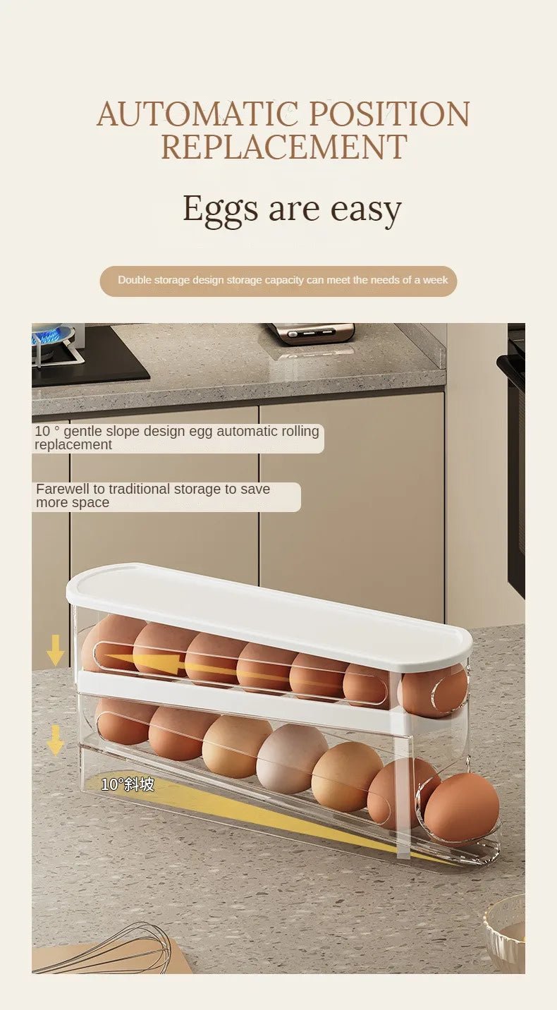 Double Tier Egg Storage Box With Ladder Style Automatic Rolling Dispenser Fridge