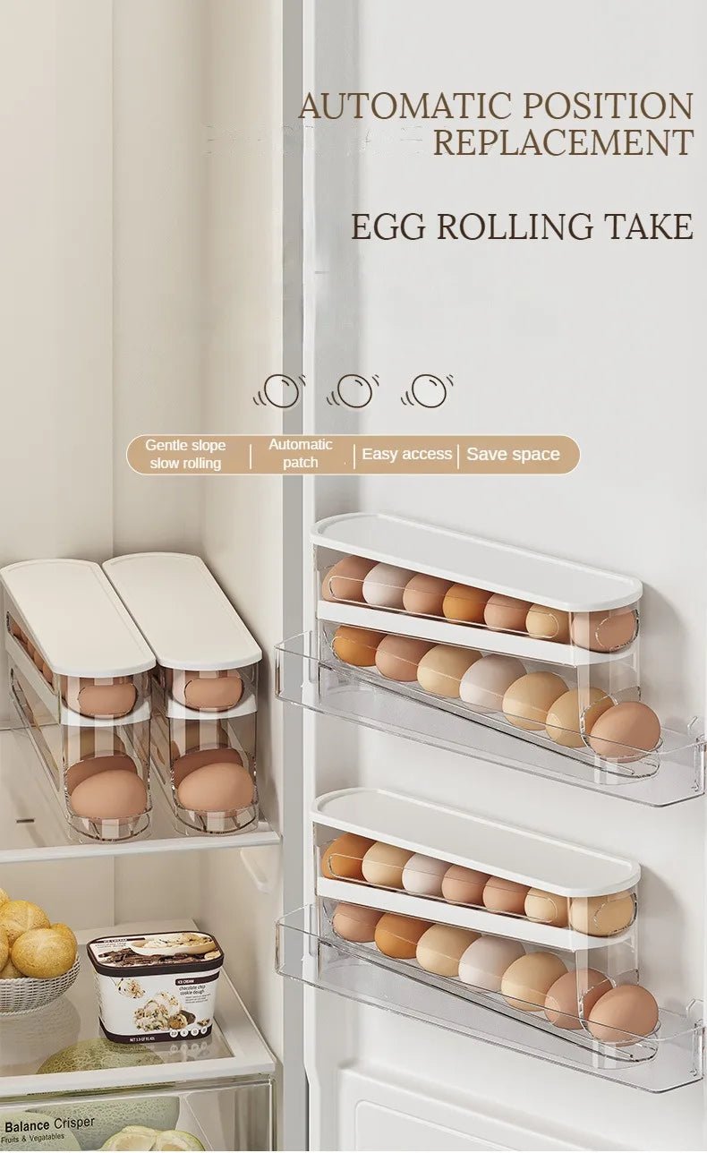 Double Tier Egg Storage Box With Ladder Style Automatic Rolling Dispenser Fridge