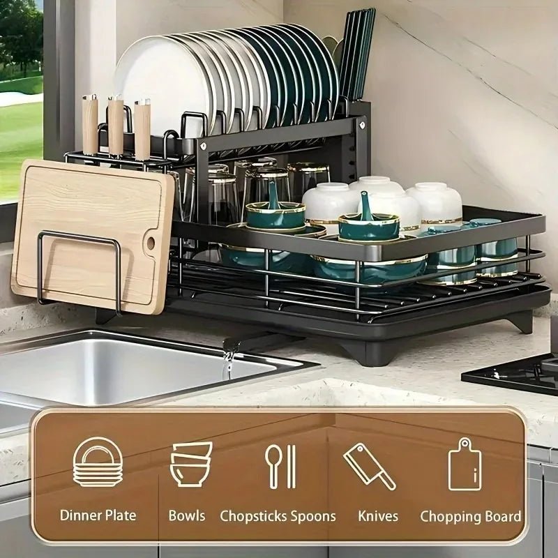 Double Tier Extendable Dish Drainer Utensil Rack For Kitchen Worktops SpaceSaver