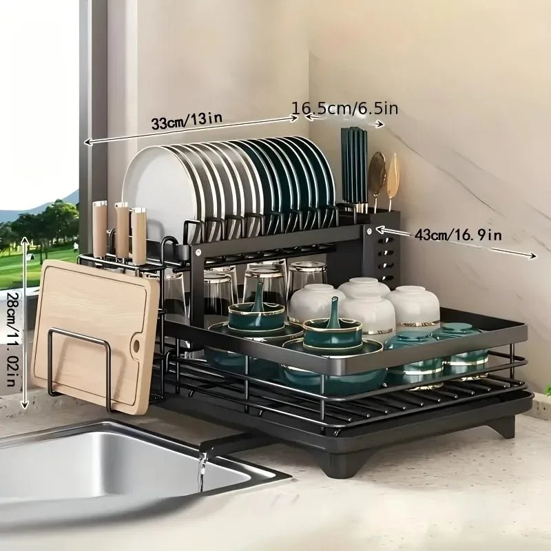 Double Tier Extendable Dish Drainer Utensil Rack For Kitchen Worktops SpaceSaver