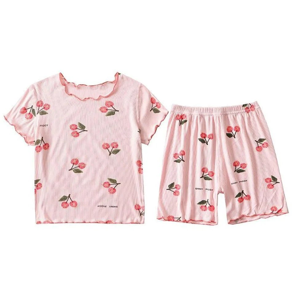 DreamNest Girls Cherry Blossom Summer Pajama Set - Breathable 4 - Way Stretch Modal