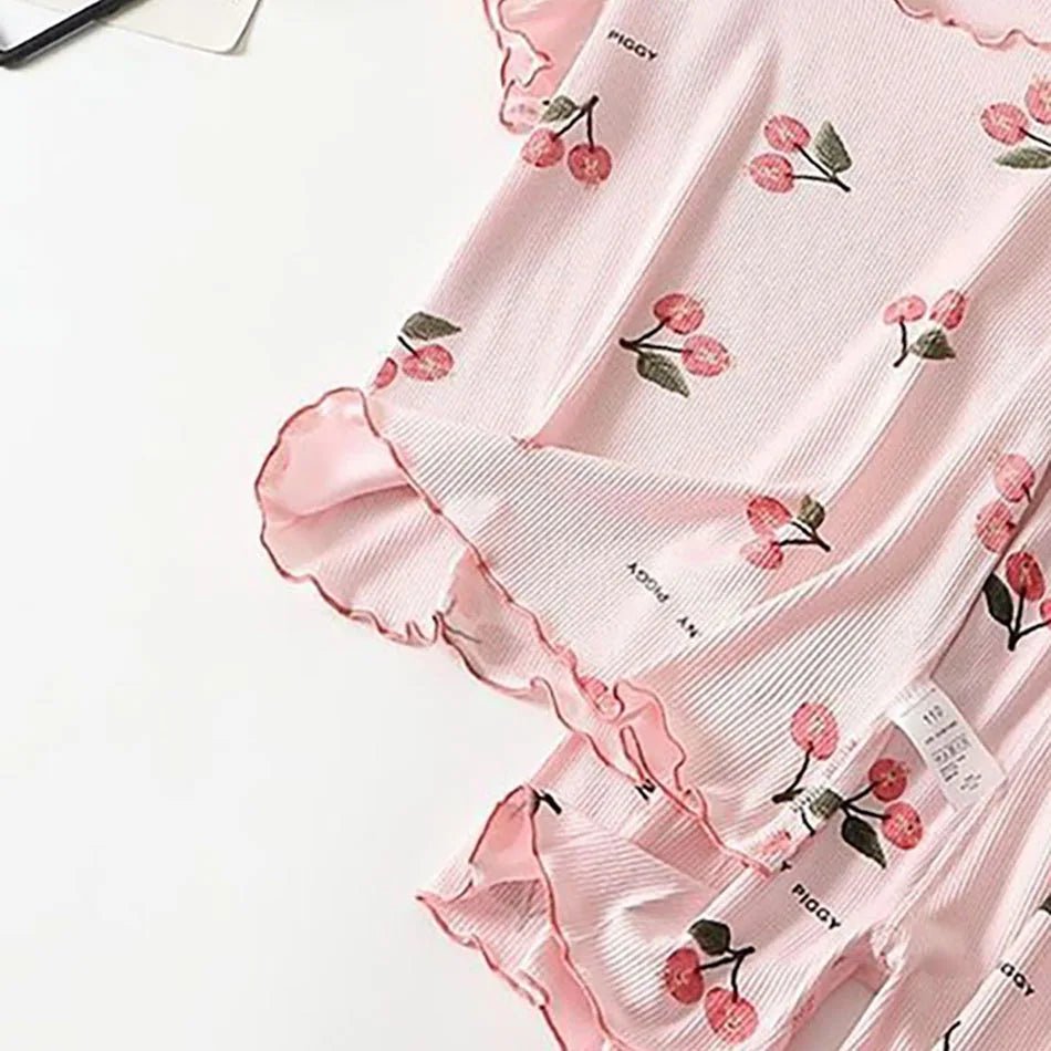 DreamNest Girls Cherry Blossom Summer Pajama Set - Breathable 4 - Way Stretch Modal