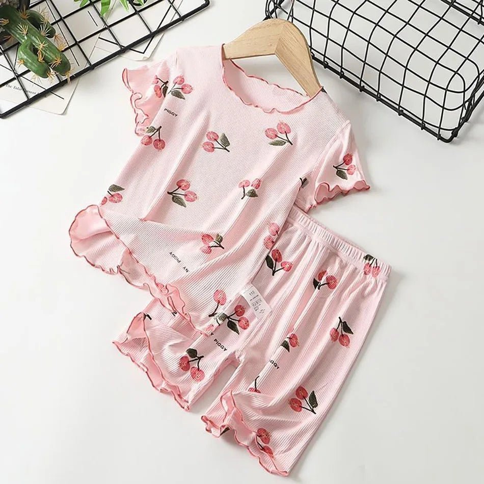 DreamNest Girls Cherry Blossom Summer Pajama Set - Breathable 4 - Way Stretch Modal
