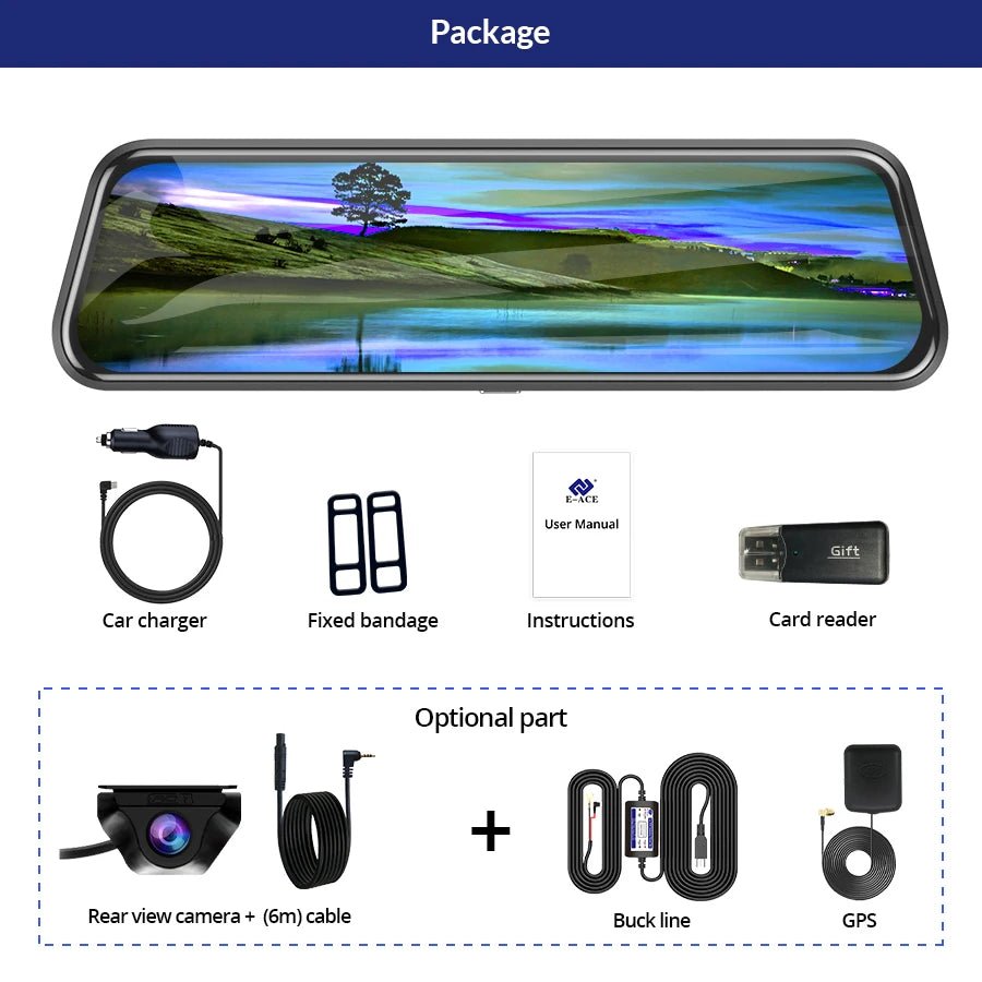 E - ACE 2K Car DVR WIFI GPS Mirror - Night Vision 24H Parking 1080P Front Cam Plus