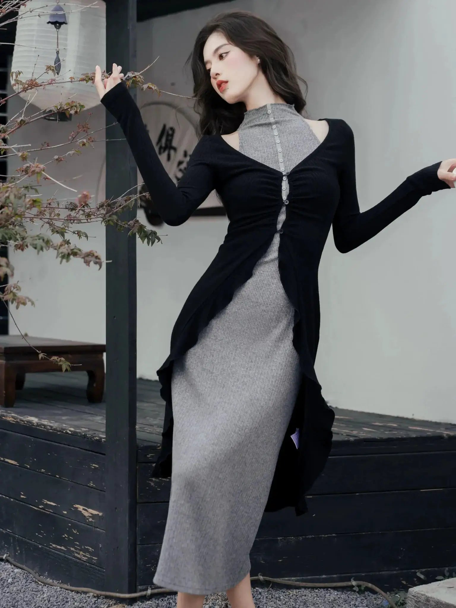 Early Autumn Knitted Dress And Black Cardigan Set Retro Chic