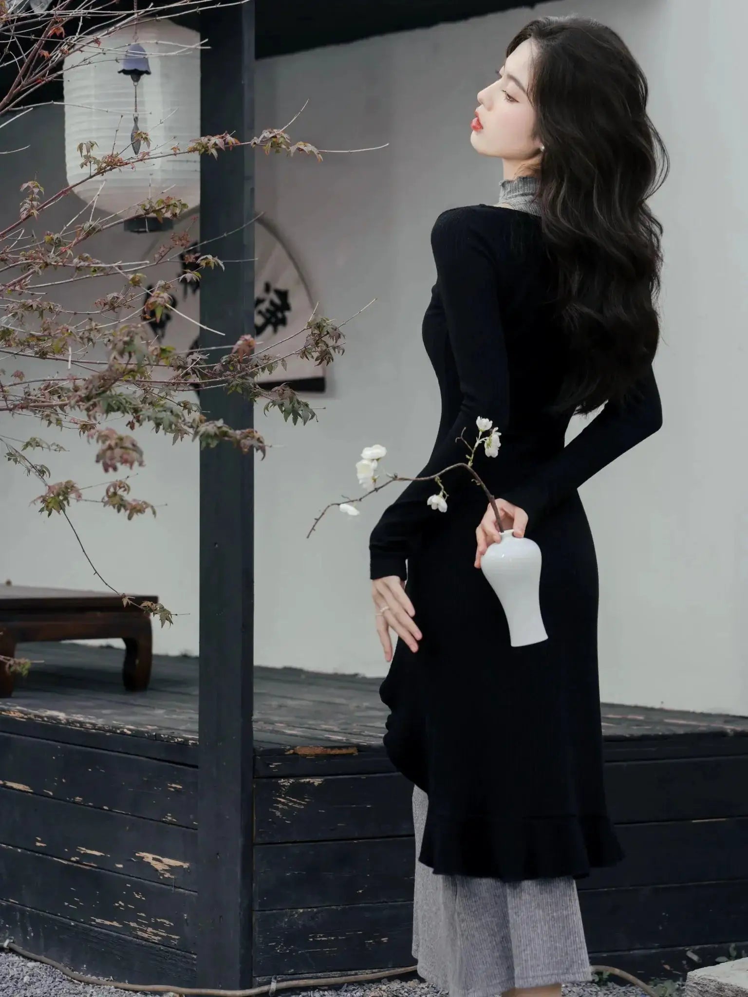 Early Autumn Knitted Dress And Black Cardigan Set Retro Chic