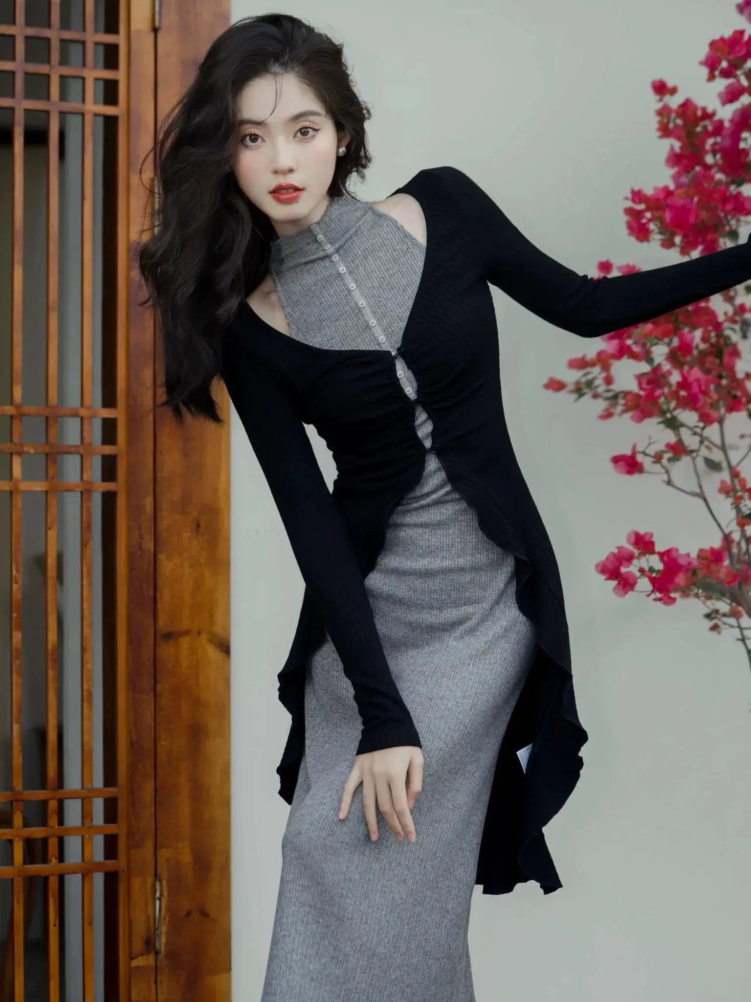 Early Autumn Knitted Dress And Black Cardigan Set Retro Chic