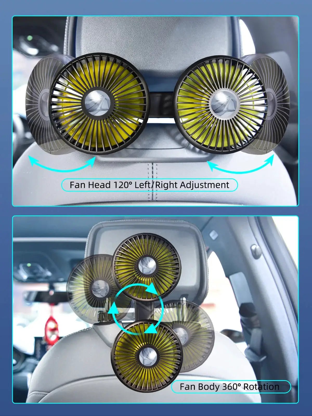 Eary Car Backseat Fan Dual Headrest 3 Speed Cooling 2000mAh Keeps Kids Cool