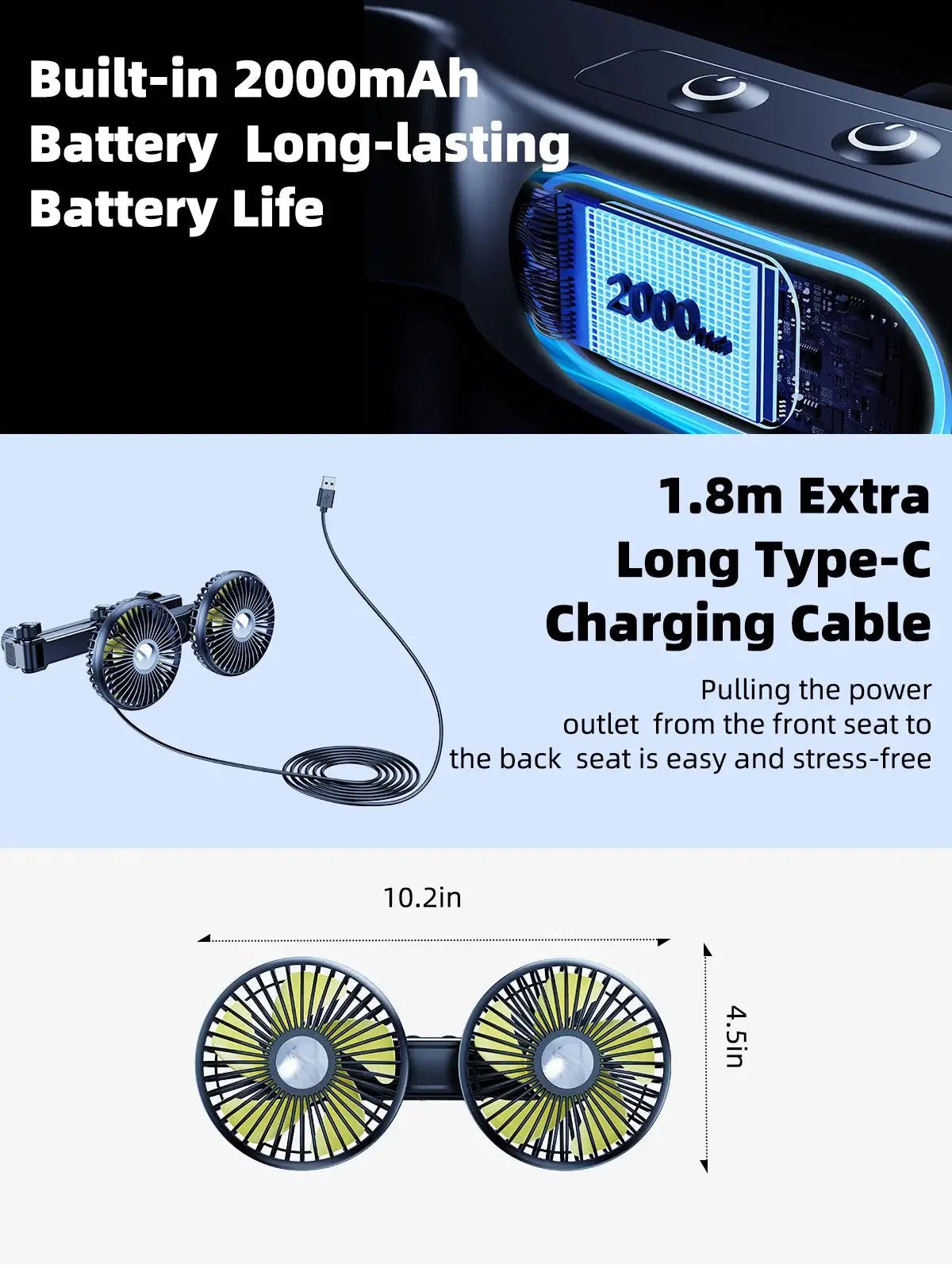 Eary Car Backseat Fan Dual Headrest 3 Speed Cooling 2000mAh Keeps Kids Cool