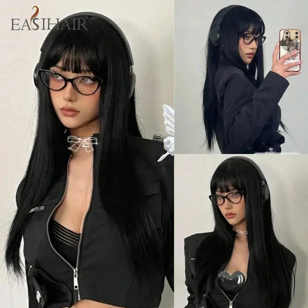 EASIHAIR Silky Straight Black Cosplay Wig Heat Resistant