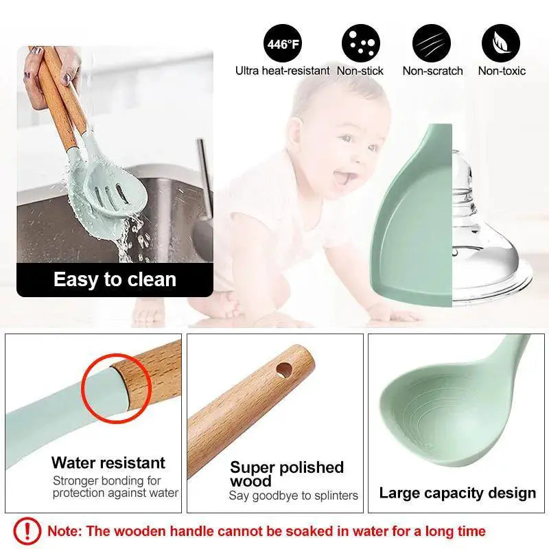 Eco Friendly Silicone Kitchen Utensils With Wooden Handles