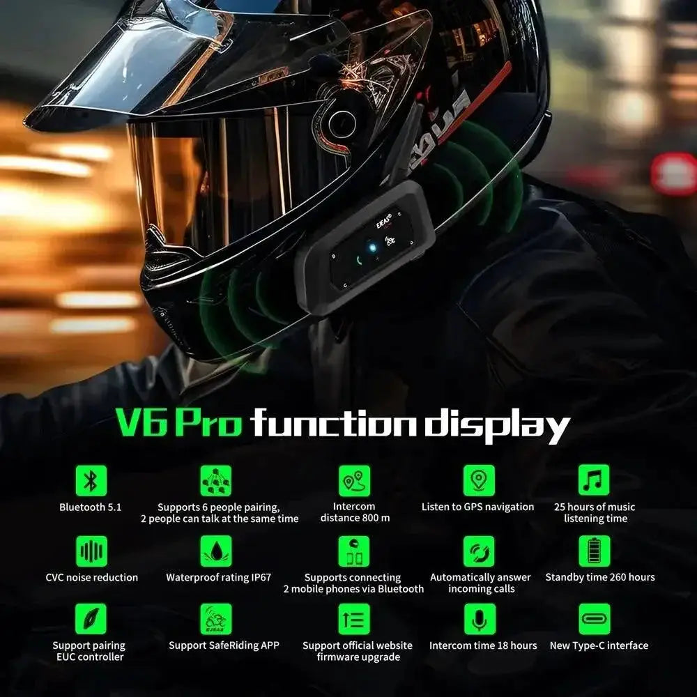 EJEAS V6 Pro Bluetooth Motorcycle Intercom For 6 Riders