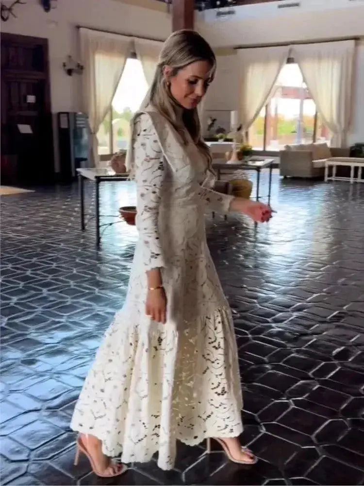 Elegance White Lace Maxi Dress Chic A Line Office Style