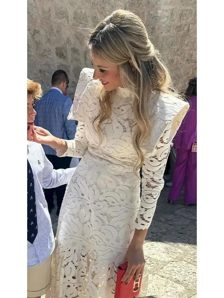 Elegance White Lace Maxi Dress Chic A Line Office Style