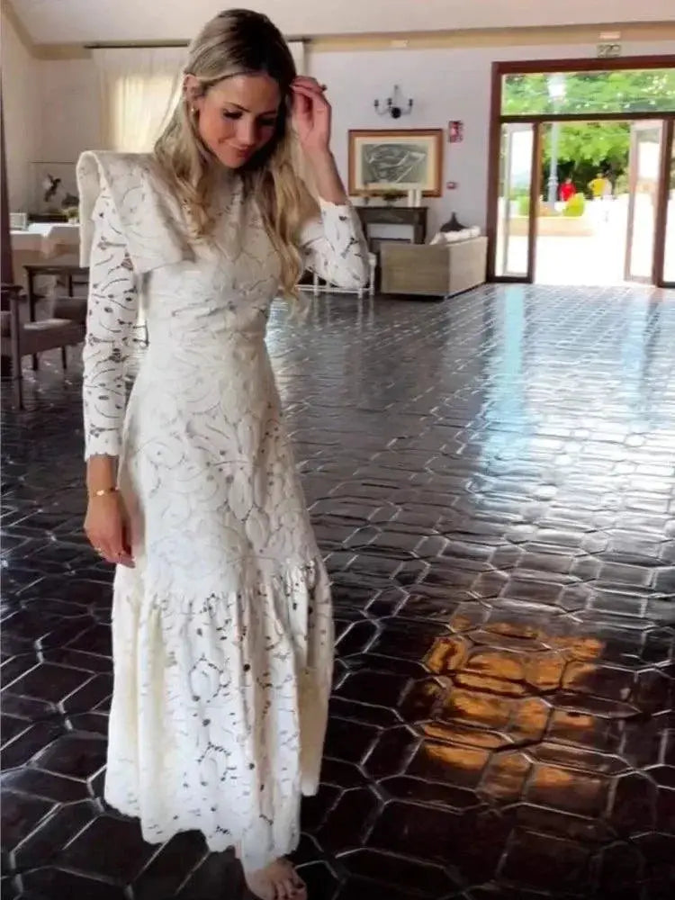 Elegance White Lace Maxi Dress Chic A Line Office Style