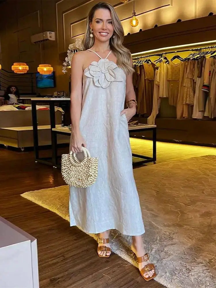 Elegant 3D Flower Maxi Dress Backless Gown For Weddings