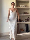 Elegant 3D Flower Maxi Dress White V-neck Slim High Street