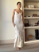 Elegant 3D Flower Maxi Dress White V-neck Slim High Street