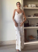 Elegant 3D Flower Maxi Dress White V-neck Slim High Street