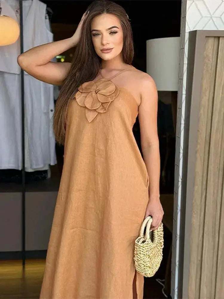 Elegant 3D Flower Maxi Dress With Floral Details Style