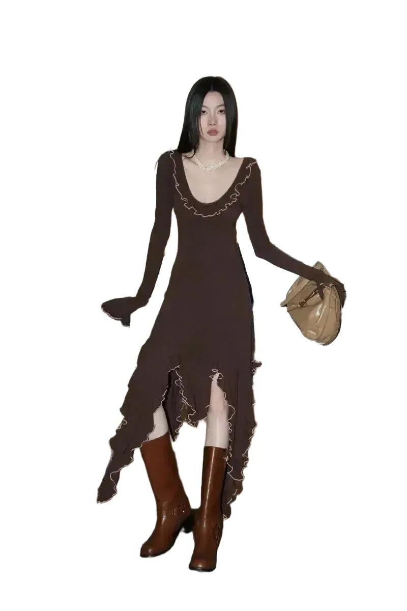 Elegant Backless Knit Dress For Spring And Autumn Season - Coffee S(40.00 kg-49.50 kg) product image