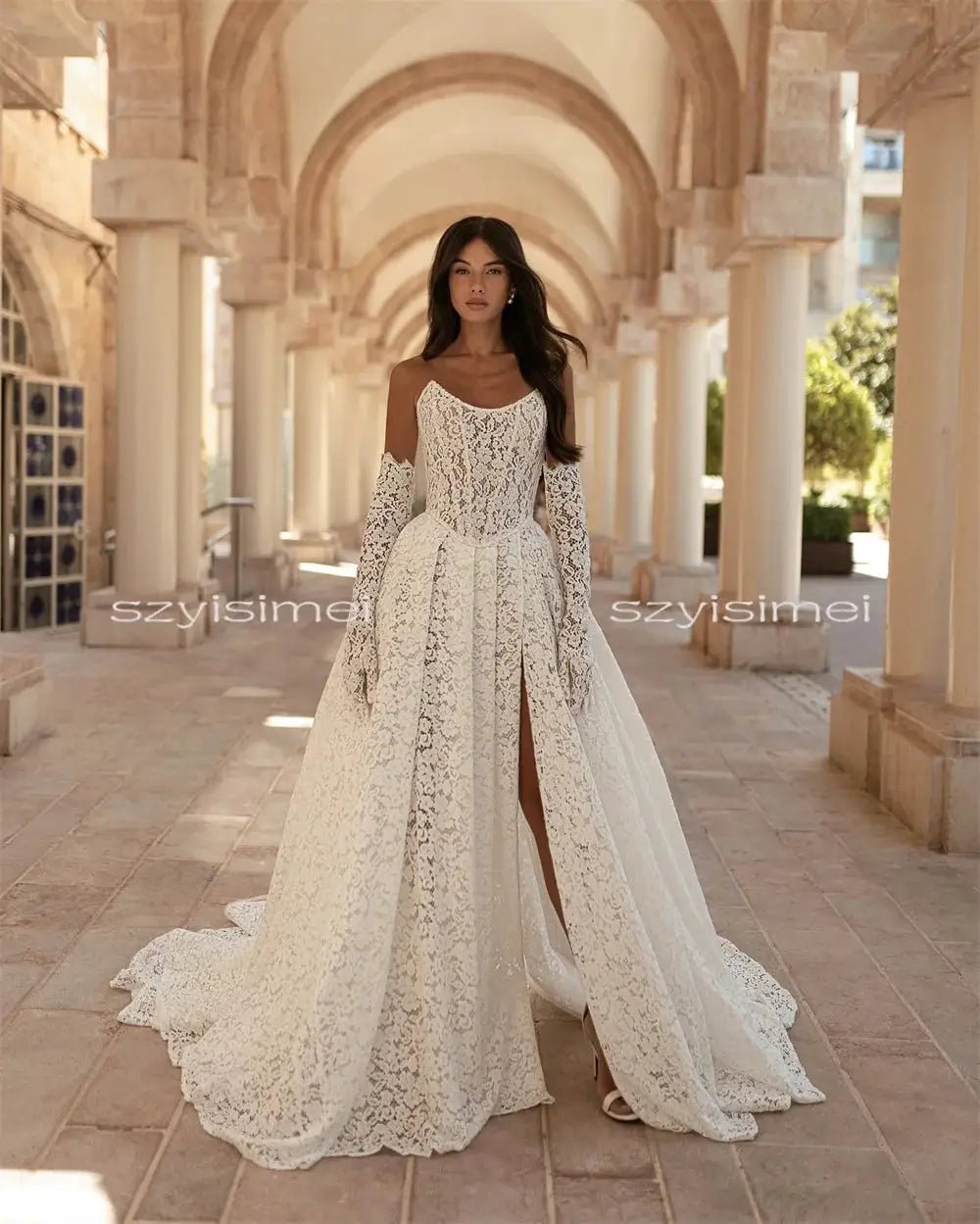 Elegant Bespoke Full Lace Strapless Wedding Dress With Front Split Custom Made