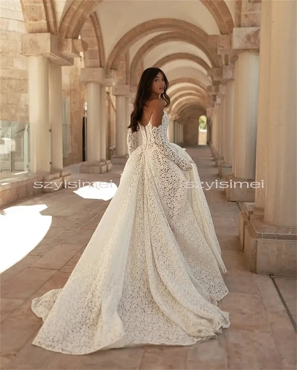 Elegant Bespoke Full Lace Strapless Wedding Dress With Front Split Custom Made
