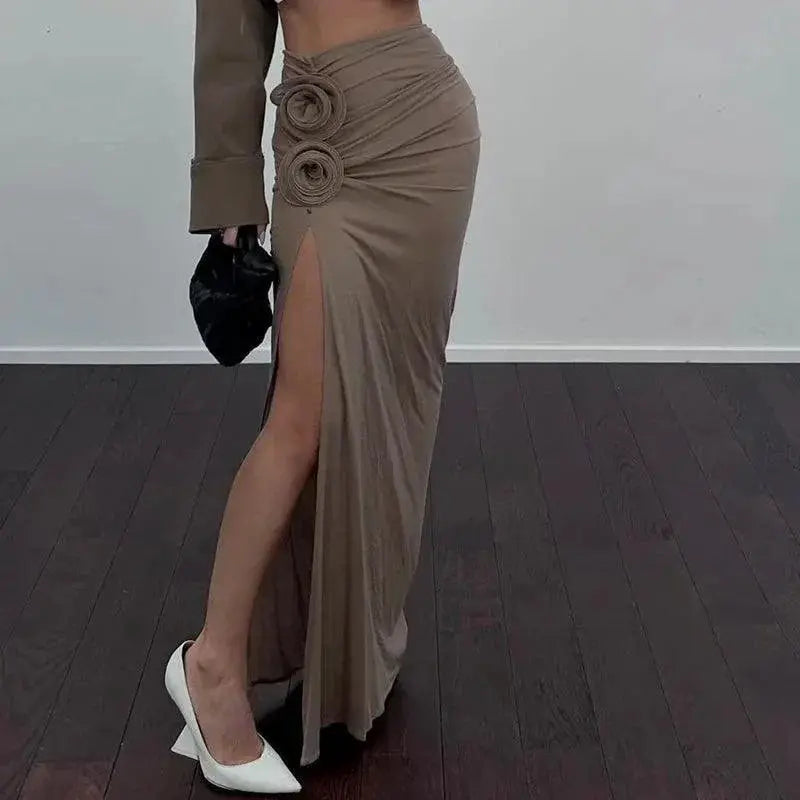 Elegant Cryptographic Floral Applique Maxi Skirt for Women