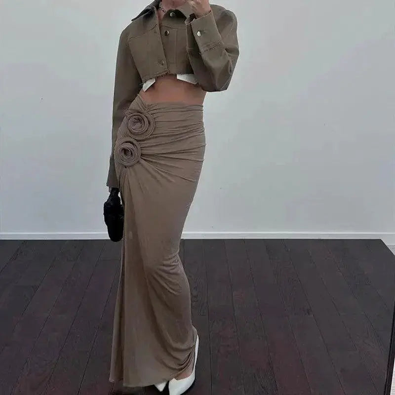 Elegant Cryptographic Floral Applique Maxi Skirt for Women