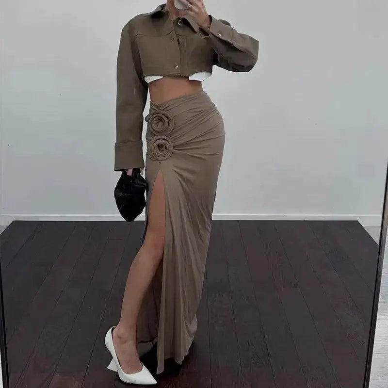 Elegant Cryptographic Floral Applique Maxi Skirt for Women