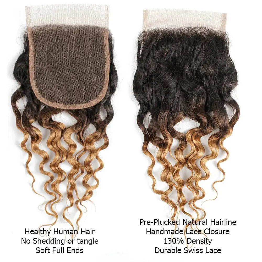 Dark Brown Ombre Honey Blonde Water Wave 4x4 Lace Closure