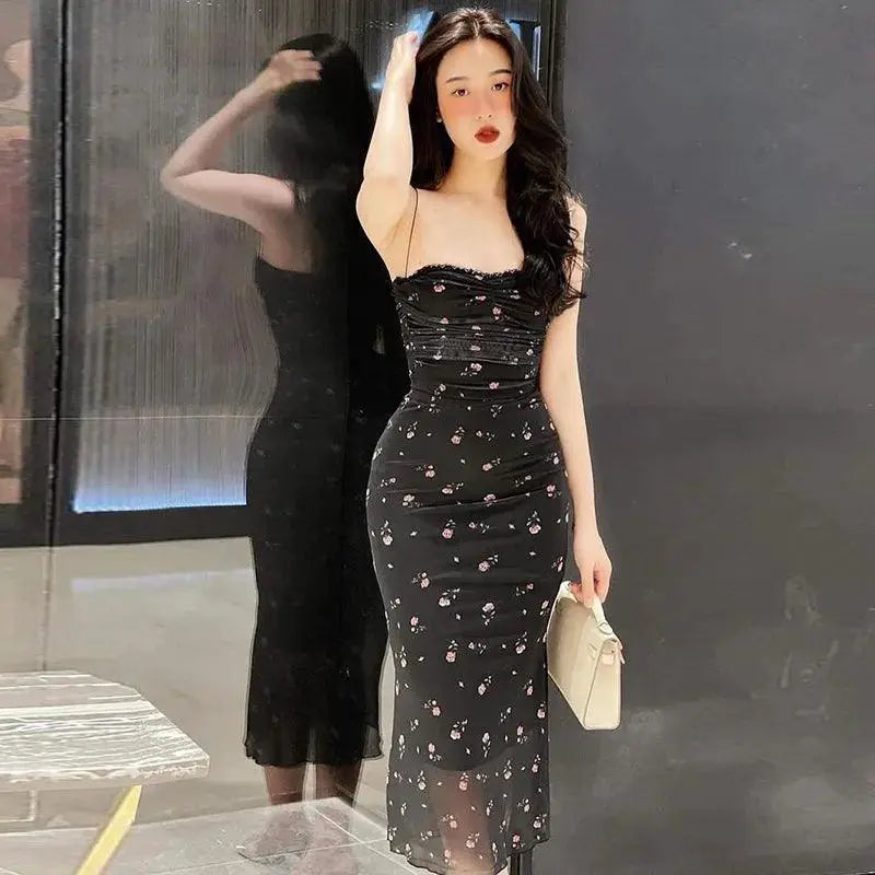 Elegant Floral Suspender Dress Off Shoulder Chic Statement