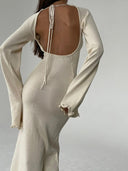 Elegant Knitted Sweater Maxi Dress with Flare Sleeves