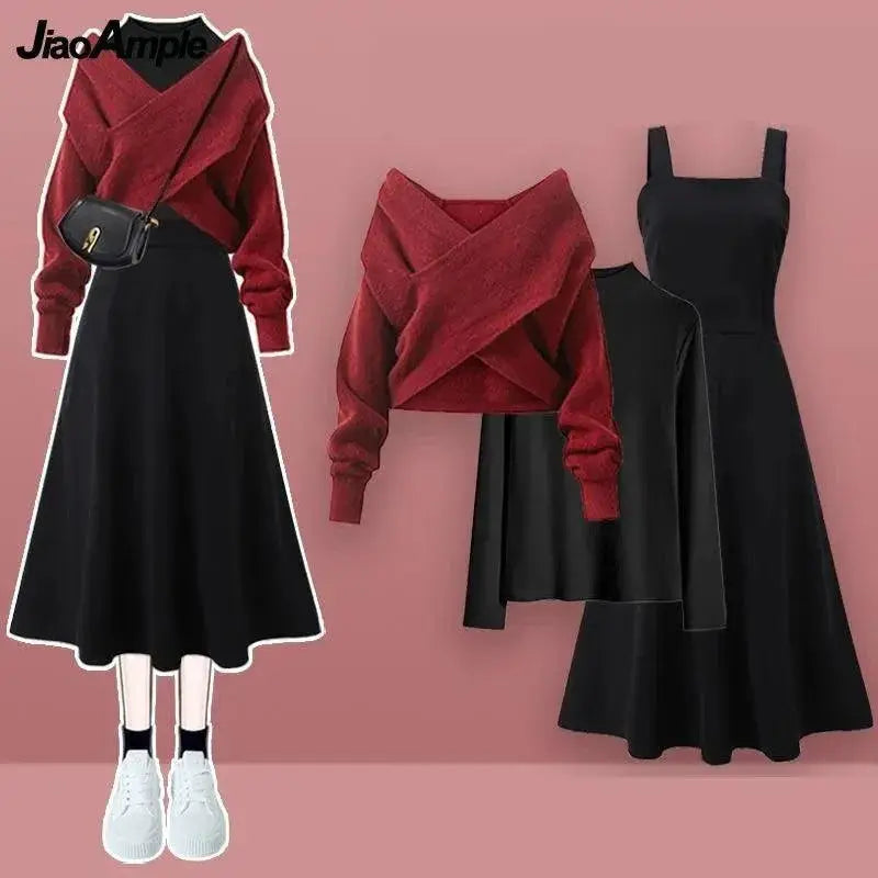 Elegant Korean Womens Cross Knit Three Piece Suit Chic