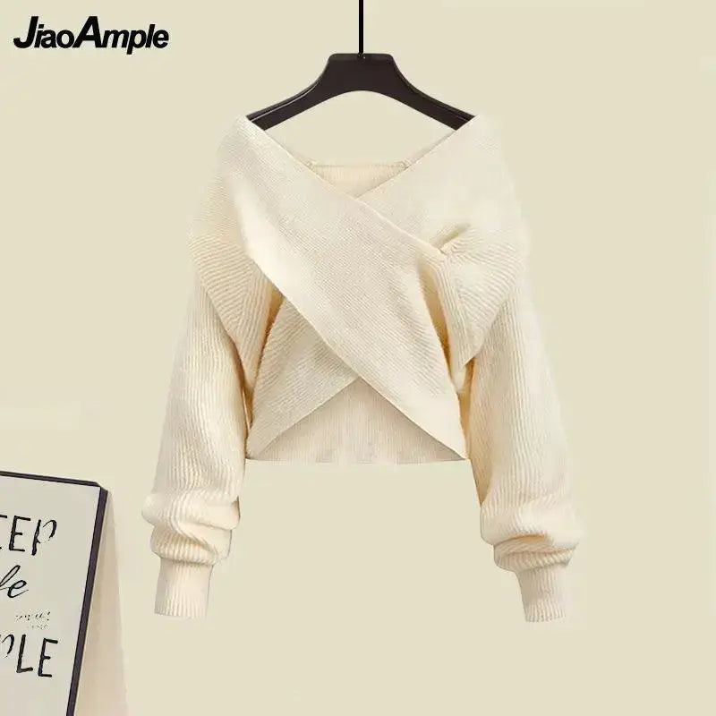 Elegant Korean Womens Cross Knit Three Piece Suit Chic