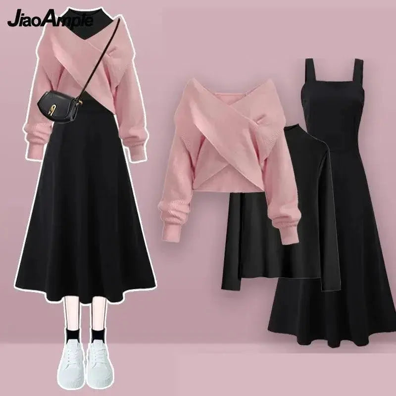 Elegant Korean Womens Cross Knit Three Piece Suit Chic