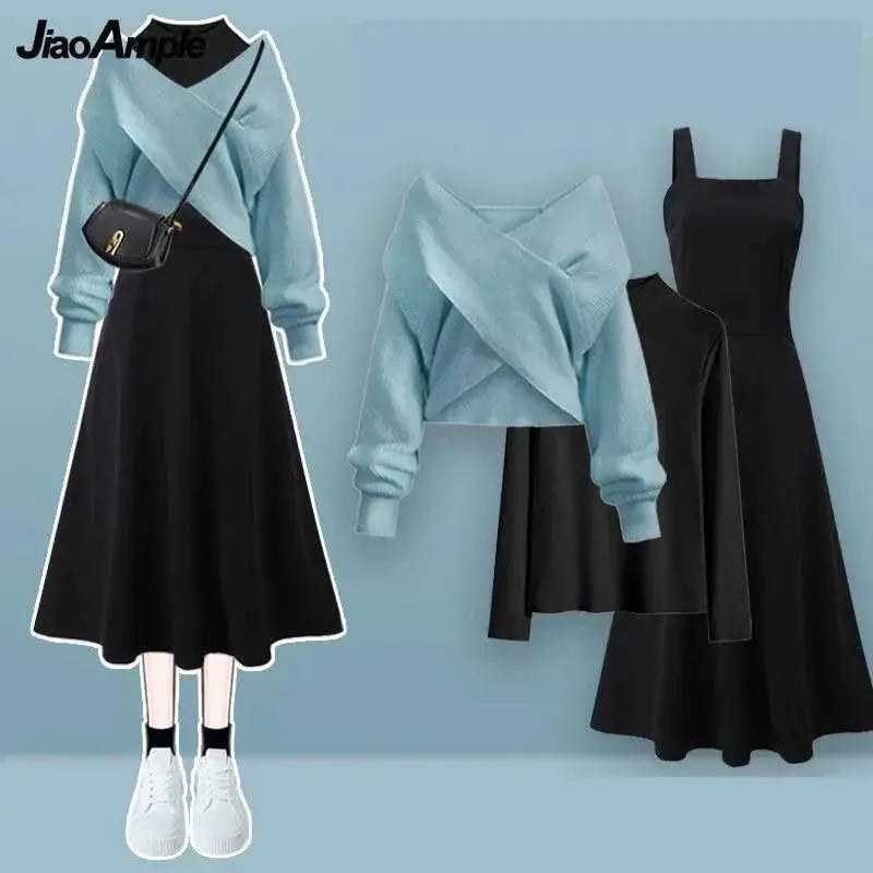 Elegant Korean Womens Cross Knit Three Piece Suit Chic