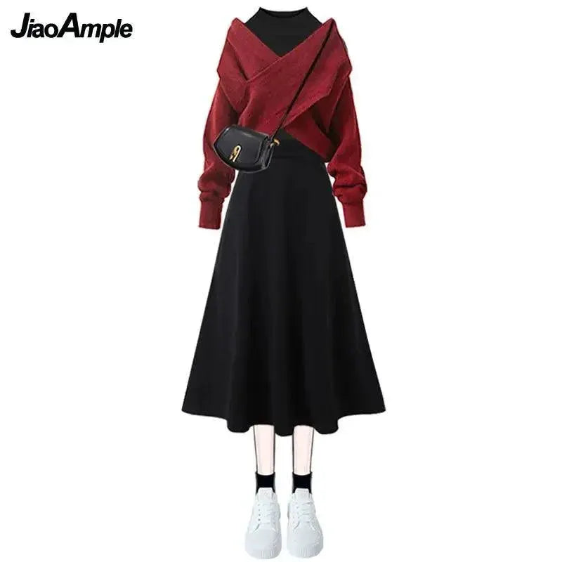 Elegant Korean Womens Cross Knit Three Piece Suit Chic