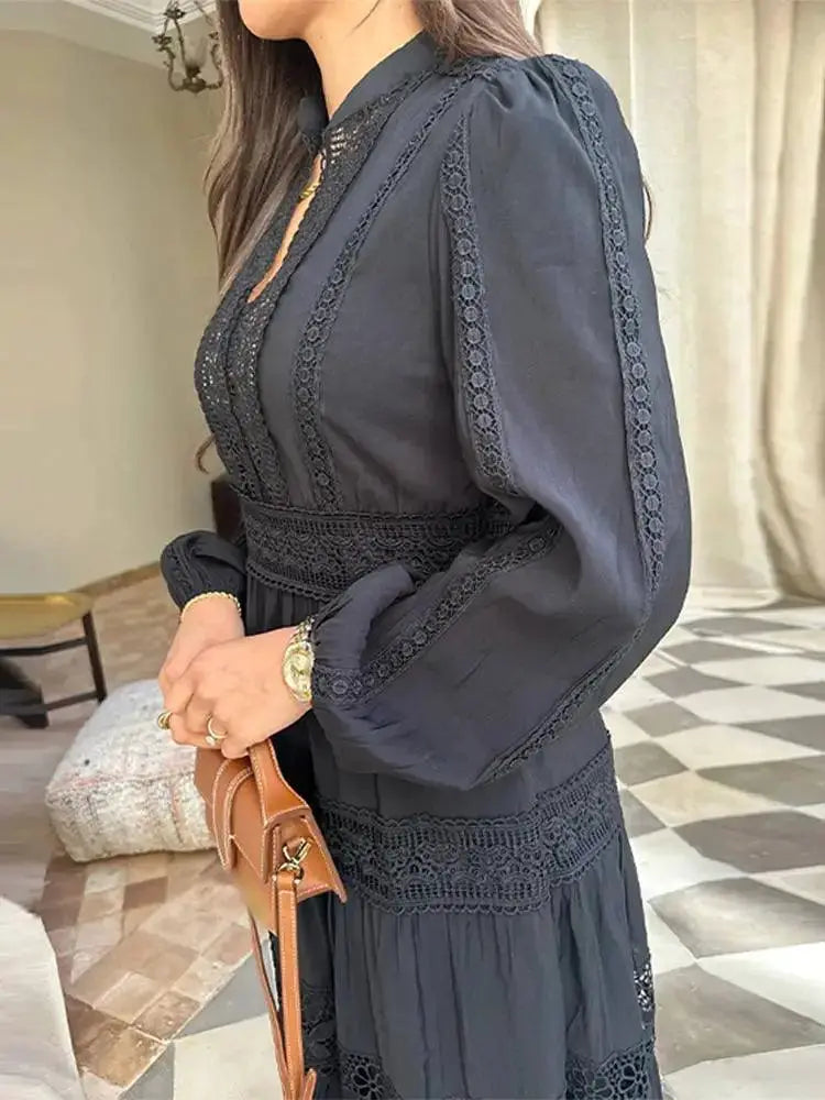 Elegant Lace Hollow Out Maxi Dress for Spring Fashion