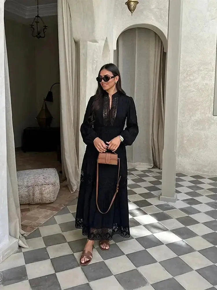 Elegant Lace Hollow Out Maxi Dress for Spring Fashion