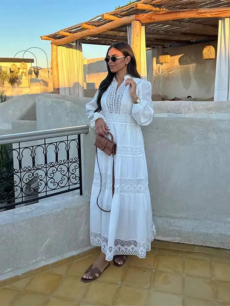 Elegant Lace Hollow Out Maxi Dress for Spring Fashion