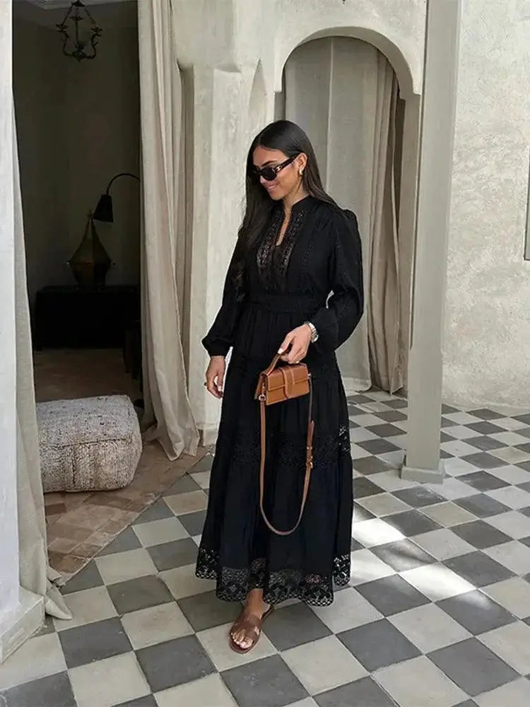 Elegant Lace Hollow Out Maxi Dress for Spring Fashion