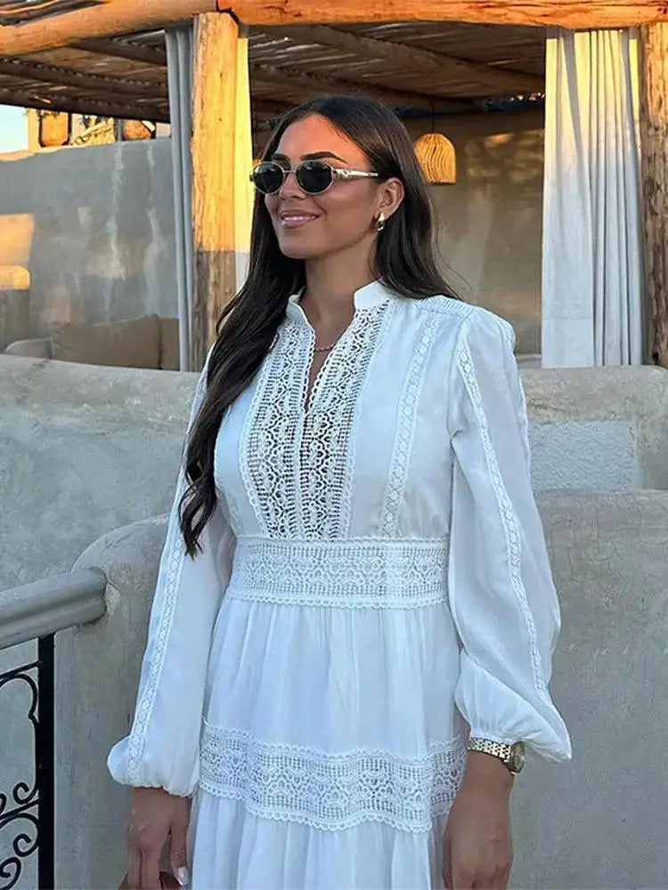 Elegant Lace Hollow Out Maxi Dress for Spring Fashion