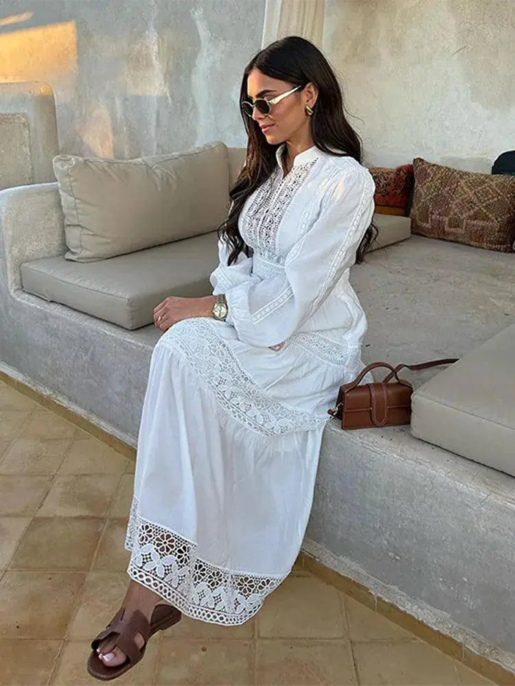 Elegant Lace Hollow Out Maxi Dress for Spring Fashion