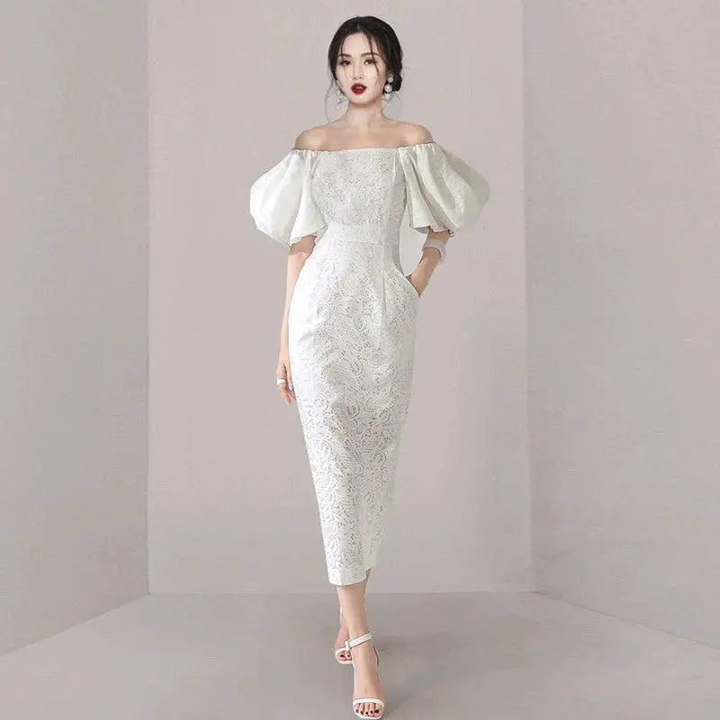 Elegant Lace Socialite Dress Off Shoulder Ensemble