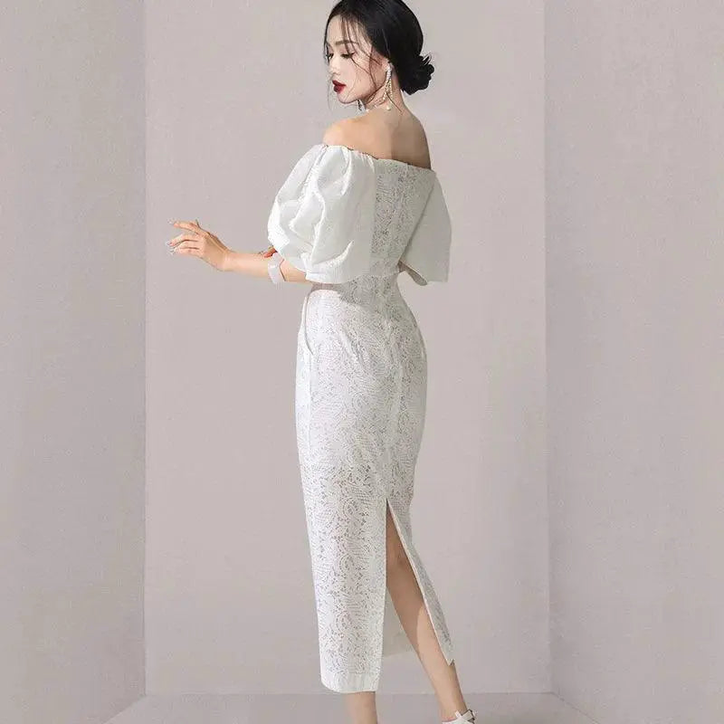 Elegant Lace Socialite Dress Off Shoulder Ensemble