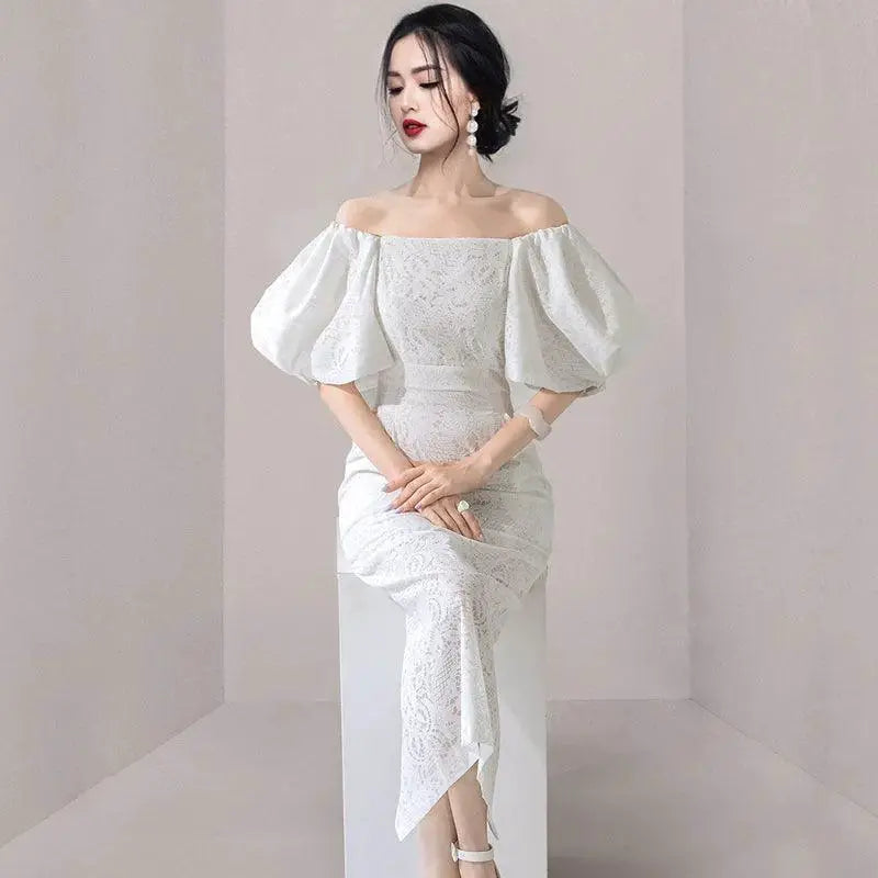 Elegant Lace Socialite Dress Off Shoulder Ensemble