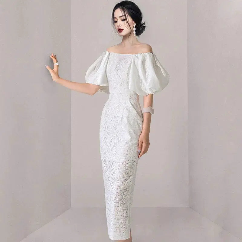 Elegant Lace Socialite Dress Off Shoulder Ensemble